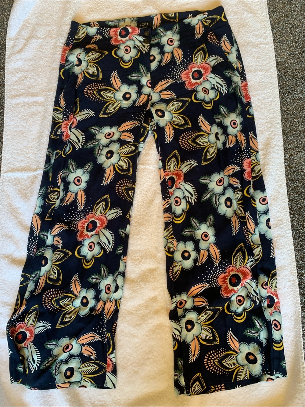 LOFT Navy Floral Pants with light blue & Coral Accents